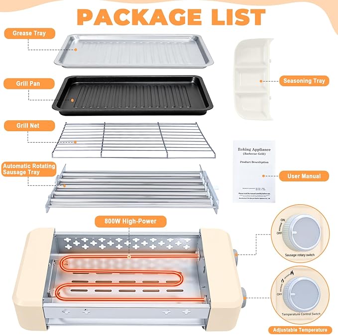Electric Hot Dog Roller Machine,3 in 1 Indoor Grill with 360° Rotating Tray (9 Sausages) & Removable Grills Net & Nonstick Plate,Hot Dog Roller Grill Sausage Grills for Family BBQ Party