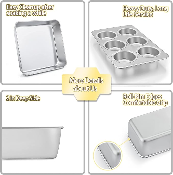 TeamFar Bakeware Sets, Stainless Steel Toaster Oven Baking Roasting Pans, Square/Round Cake Pan, Loaf Pan & Muffin Pan, Healthy & Heavy Duty, Smooth & Dishwasher Safe-5 PCS