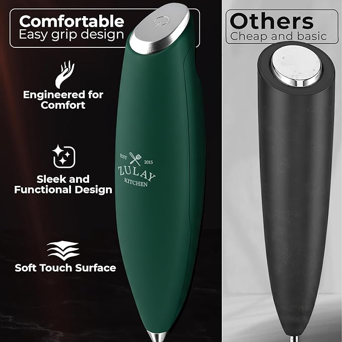 Zulay Kitchen Patented Tornado Triple Whisk Milk Frother with 4 Duracell Batteries – Handheld Foam Maker for Coffee, Lattes, Matcha & Hot Chocolate – Rich, Creamy Froth in Seconds - Dark Green