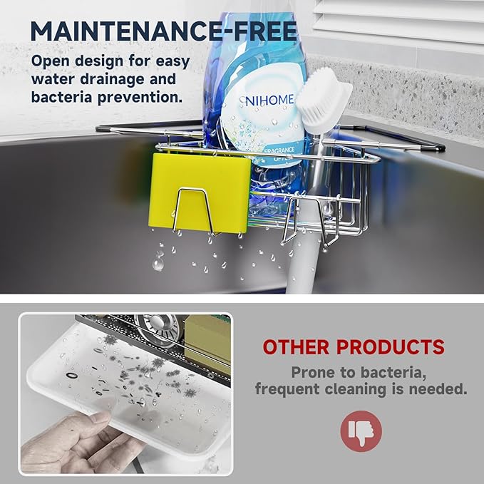 NiHome Extendable Arm Stainless Steel Kitchen Sink Corner Caddy, Easy Install Space-Saving Adjustable Sponge Holder for Most Square Standard Sinks, Non-Slip Rust-Resistant for Brushes, Soap, Sponges