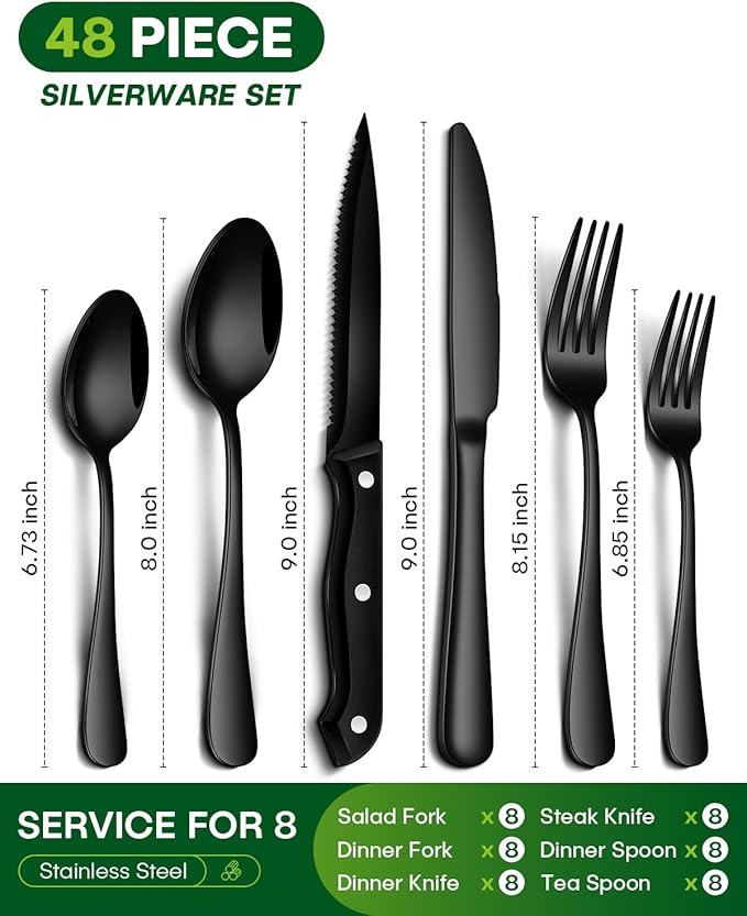 PHILIPALA Black Silverware Set, 48-Piece Flatware Set with Steak Knives for 8, Stainless Steel Mirror Cutlery Include Forks Spoons and Knives Set, Dishwasher Safe Utensils Set for Home Restaurant