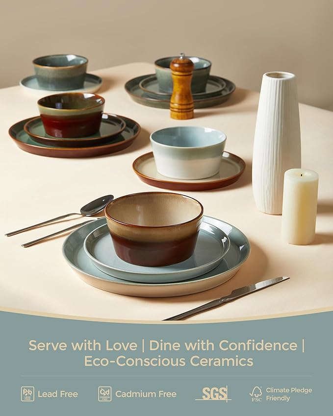 Pokini Dinnerware Sets for 6, Ceramic Plates and Bowls Set, Modern Artisan Dish Set, Microwave & Dishwasher Safe Dishware Set, Chip & Scratch Resistant Dinner Sets, Gradient Green
