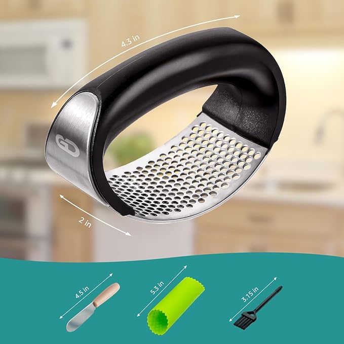 GD Garlic press rocker, crusher, mincer tool stainless steel with a Garlic Peeler, spatula, and Brush extract more Garlic Paste. The Garlic Mincer Tool Squeezes, Extracts, Crushes
