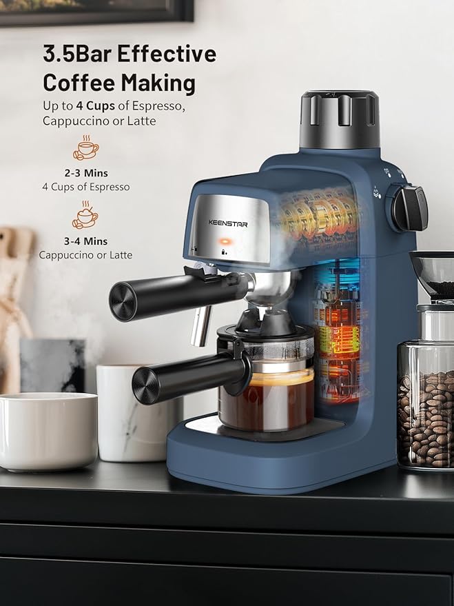 KEENSTAR 3.5Bar Espresso Machine with Milk Frother, 800W Compact Espresso and Cappuccino Machine with Preheating Function, 4 Cup Espresso Maker for Cappuccino or Latte, Gift for Coffee Lover Update
