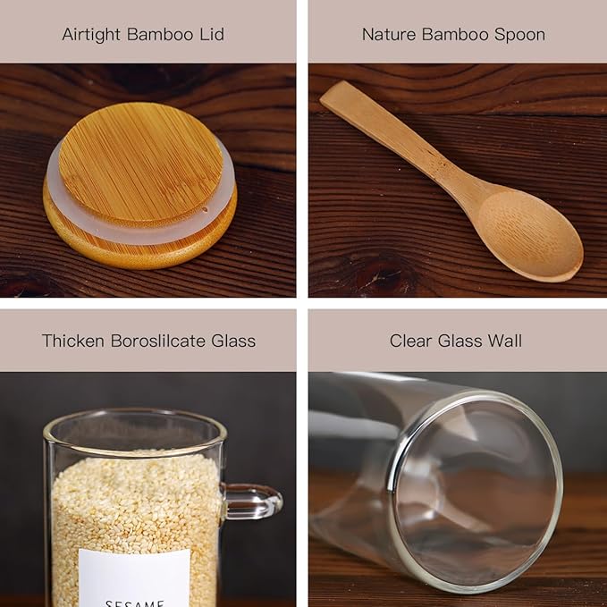 8 Pcs Glass Containers with Bamboo Lids and Spoons - 10 oz Sugar Container with 148 Kitchen Pantry Spice Jar Labels Preprinted - Glass Spice Jars with Wooden Lids Hold Coffee, Tea, Candy, Herbs