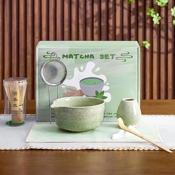 7Pcs Matcha Whisk Set - Matcha Bowl with Spout, Bamboo Whisk (Chasen), Holder, Stainless Sifter, Tea Scoop, Tea Towel, Scoop Rest. Full Japanese Ceremony Matcha Kit, Perfect Gift for Tea Fans (Green)