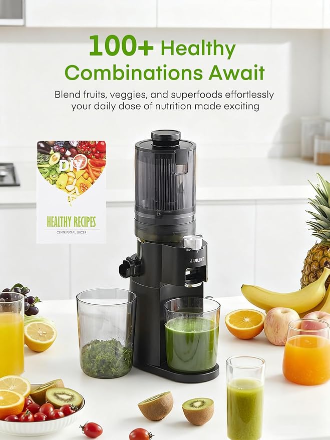 Juilist Cold Press Juicer, High Yield, Quiet Masticating Slow Juicer, Nutrient Preservation, Easy to Clean, Space Saving, Whole Fruit Vegetable Juicer for Home Use, BPA Free (Black)