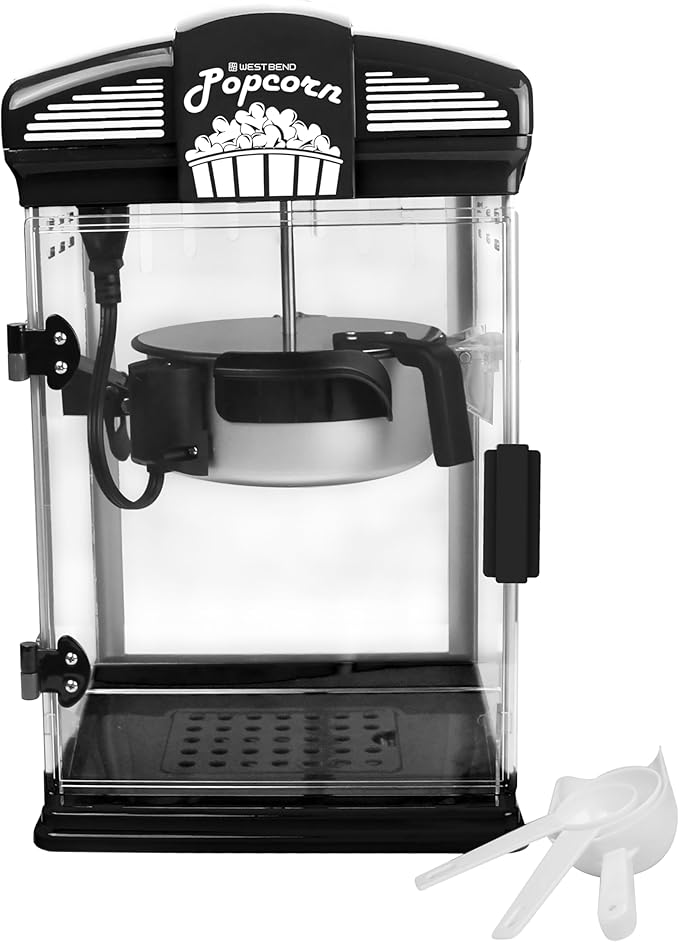 West Bend Stir Crazy Movie Theater Popcorn Popper, Gourmet Popcorn Maker Machine with Nonstick Popcorn Kettle, Measuring Tool and Popcorn Scoop for Popcorn Machine, 4 Qt., Black