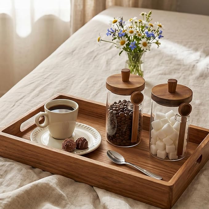 Remerry Set of 4 Glass Jar with Wooden Lid and Spoon, Clear Airtight Spice Canisters Glass Food Storage Kitchen Containers Set for Coffee Bean Tea Sugar (30 oz)