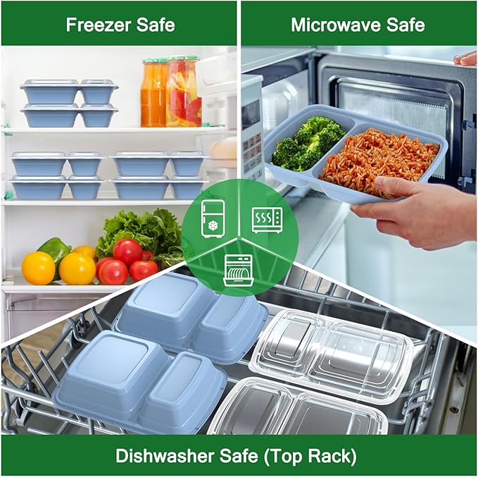 Dealusy 50 Pack (100-Piece) 28 oz Meal Prep Containers Reusable with Lids 2-Compartment, Sturdy Leakproof Food Safe, Microwave Freezer Dishwasher Safe, To Go Take Out Plastic Food Storage, Blue