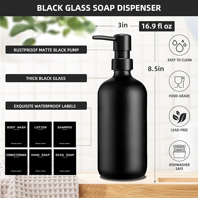 Dish Soap Dispenser for Kitchen, 16.9 fl oz Black Hand and Dish Soap Dispenser Set, Kitchen Soap Dispenser with Sponge Holder, Brush Holder and Loofah Sponge, Countertop Sink Organizer Accessories