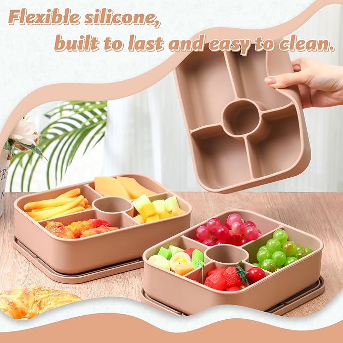 Jingmore 4 Pack Silicone Bento Boxes for Adults, 5 Compartment Reusable Lunch Containers with Sauce Section, Leakproof Meal Prep Snack Box Microwave & Dishwasher Safe for Office(Khaki)