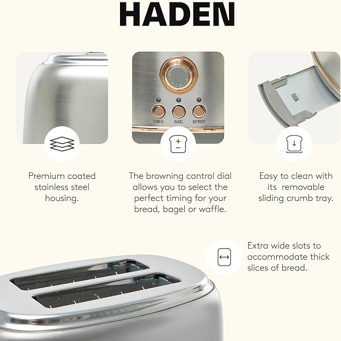 Haden Heritage 2 Slice Wide Slot Stainless Steel Toaster with Adjustable Browning Control & Non-Slip Feet, Steel & Copper