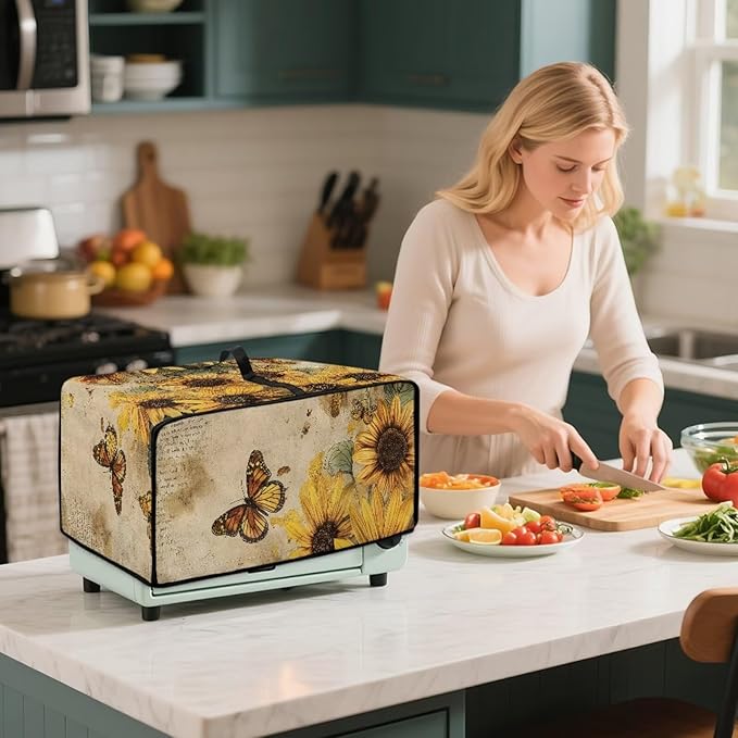 Convection Toaster Oven Cover with Pockets, Easy to Clean, Smart Microwave Baking Oven Dust Cover for Countertop, S, 14.5 x 18.5 x 9 Inches, Retro Sunflower Butterfly