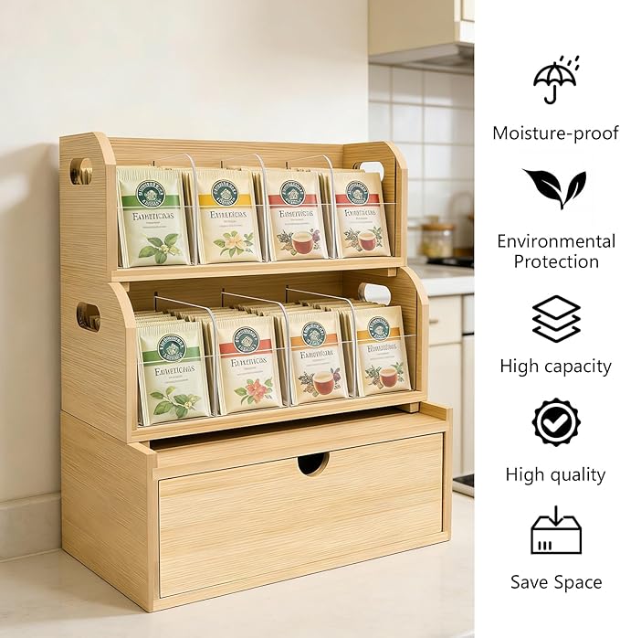 3-Layer Stackable Bamboo Tea Bag Organizer with Drawer, No-Tool Assembly Tea Organizers and Storage Holder for Countertop, Cabinet, Office, Kitchen, Pantry