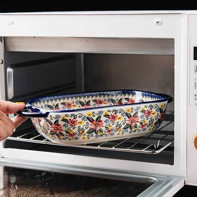 Baking Dish Ceramic Baking Pan Blue Casserole Dish Rectangular Baking Set 2pcs Bakeware Sets Single Serving Size Lasagna Pan Baking Dishes for oven (Exotic Daisy)