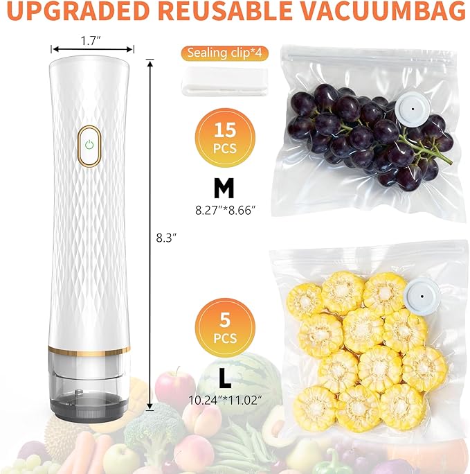 Vacuum Sealer for Food – Keeps Food Fresh up to 10× Longer, Cordless & rechargeable & strong suction for storage & sous vide(Handheld Vacuum Sealer + 20 Reusable Vacuum Bags)