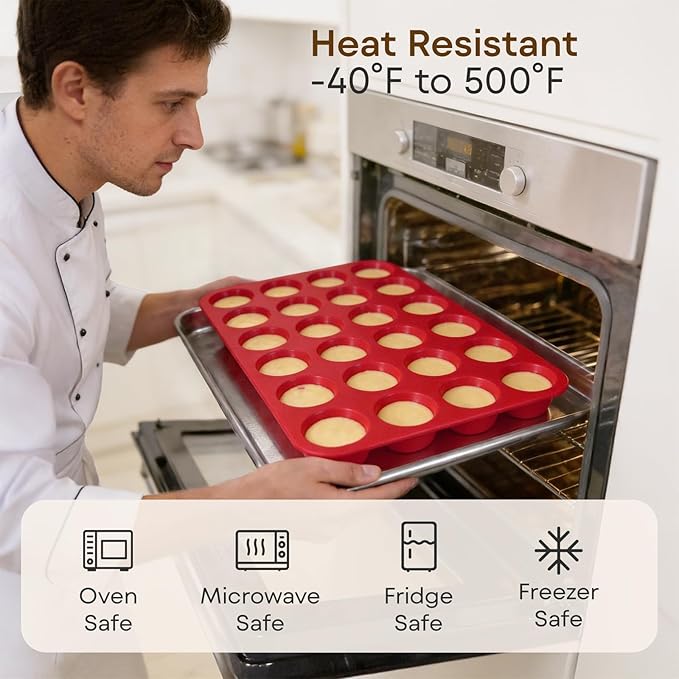Silicone Muffin Pans for Baking Nonstick 2 Pcs, 24 Cup Mini Cupcake Pan, Food-Grade Silicone Baking Molds for Cupcakes, Freezer, Red