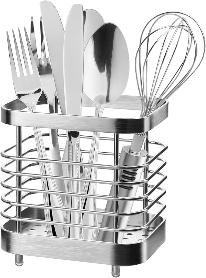 Utensil Holder, Stainless Steel Utensil Drying Rack for Kitchen Counter, Silverware Cutlery Flatware Holder Forks, Knives, Spoons, Chopsticks Organizer (Silver)