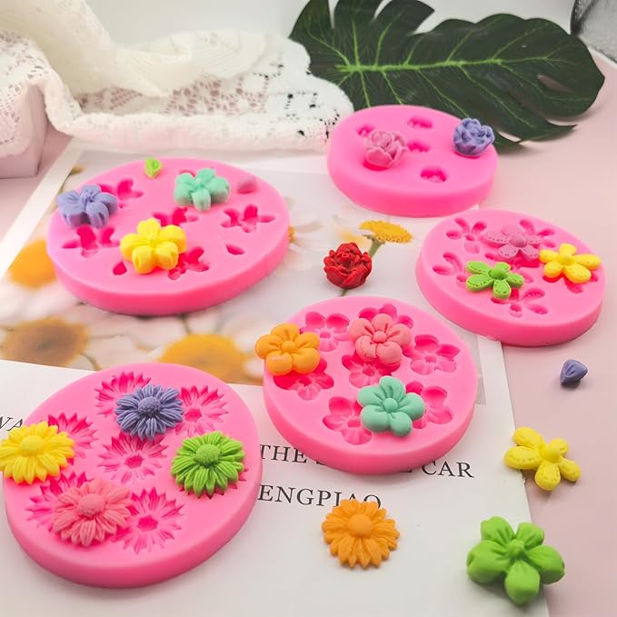 5Pcs Flower Molds Silicone Rose Chocolate Mold Daisy Flower Fondant Mould Polymer Clay Resin Mold Soap Ice Cube Gummy Sugar Wax Melt Molds for Baking and Cake Cupcake Decorating DIY Craft