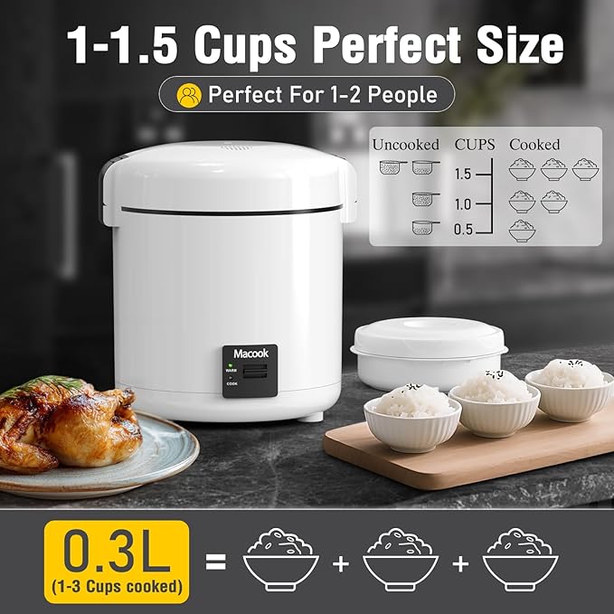 Mini Rice Cooker 1-1.5 Cups Uncooked(3 Cups Cooked), Rice Cooker Small with Bento Box, Removable Nonstick Pot, One Touch&Keep Warm Function, Portable Cooker for Soup Grain Oatmeal Veggie, Black