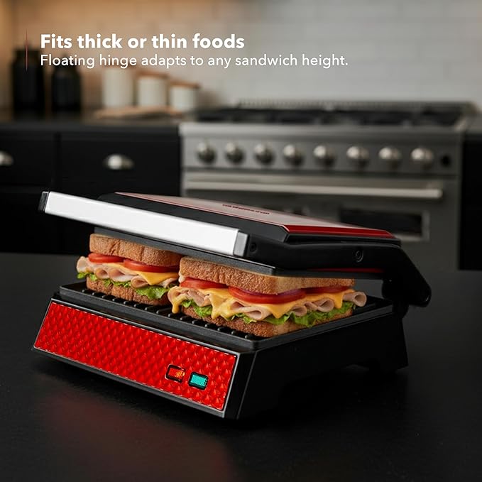 OVENTE Electric Indoor Panini Press Grill and Sandwich Maker with Non-Stick Coated Plates, Cool-Touch Handle and Removable Drip Tray, Opens 180 Degrees to Fit Any Type or Size of Food, Red GP0620R