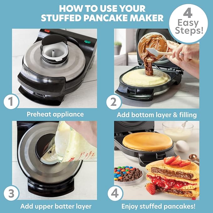 Electric Stuffed Pancake Maker- Make a GIANT Stuffed Waffle or Pan Cake in Minutes - Add Fillings for Delicious Breakfast or Dessert, Nonstick Baker Machine w Silicone Batter Funnel, Fun Unique Treat