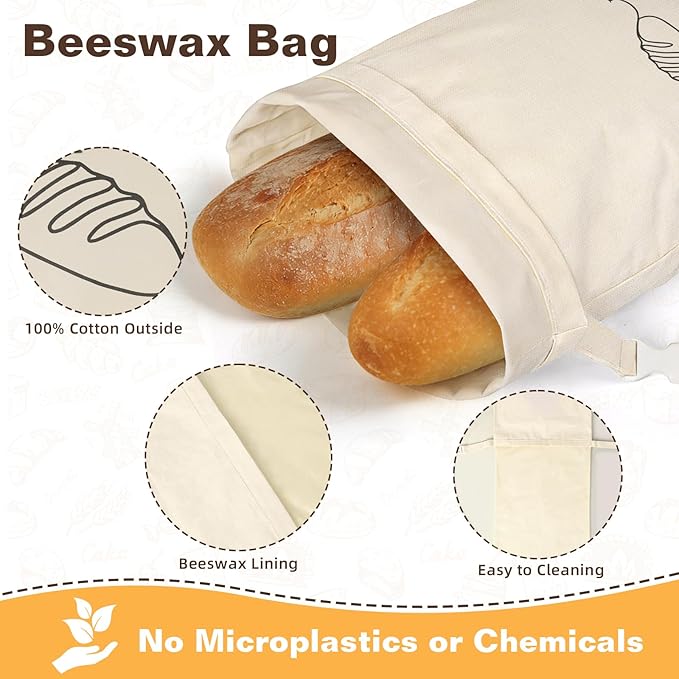 2 Pack XL Reusable Beeswax Bread Bags for Sourdough Baking, Organic Waxed Lined, Cotton Bread Bags for Homemade Bread, Food-Storage Bag to Keep Fresh