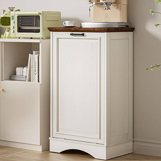 AHB 13 Gallons Tilt Out Trash Cabinet Hidden Kitchen Trash Can Cabinet Freestanding Recycling Cabinet with Deodorizing Function Pet Proof Trash Can Holder for Kitchen Living Room, Antique White