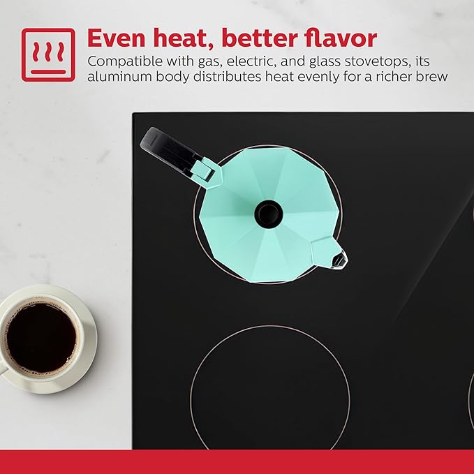 Holstein Housewares - 6 Cup Aluminum Stovetop Espresso Maker and Moka Pot - Great Tasting Traditional Espresso Coffee, Italian and Cuban Café Brewing in Minutes, Mint
