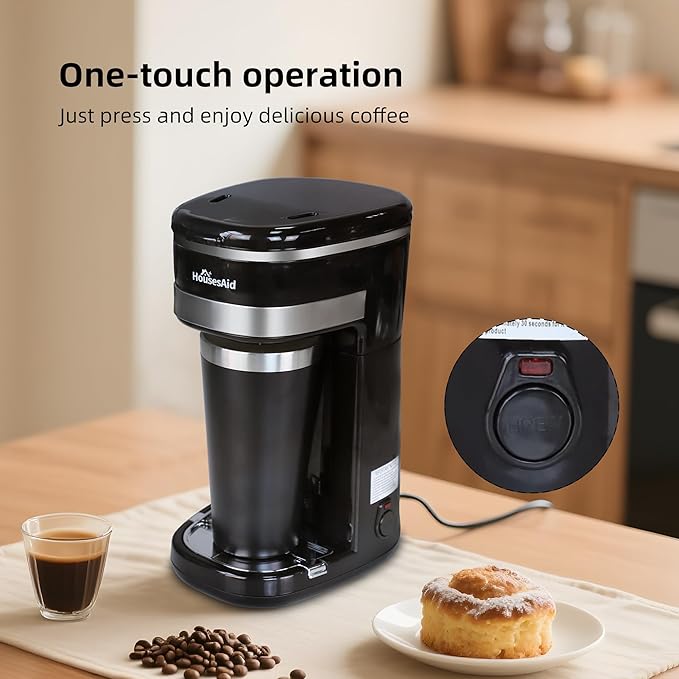Coffee Machine,Single Serve Coffee Maker,One Cup Coffee Maker with Reusable Filter&One-touch Control Button,Portable Brewer for Camping,Travel&Home,Easy To Clean& Store,15oz/450ml,Black