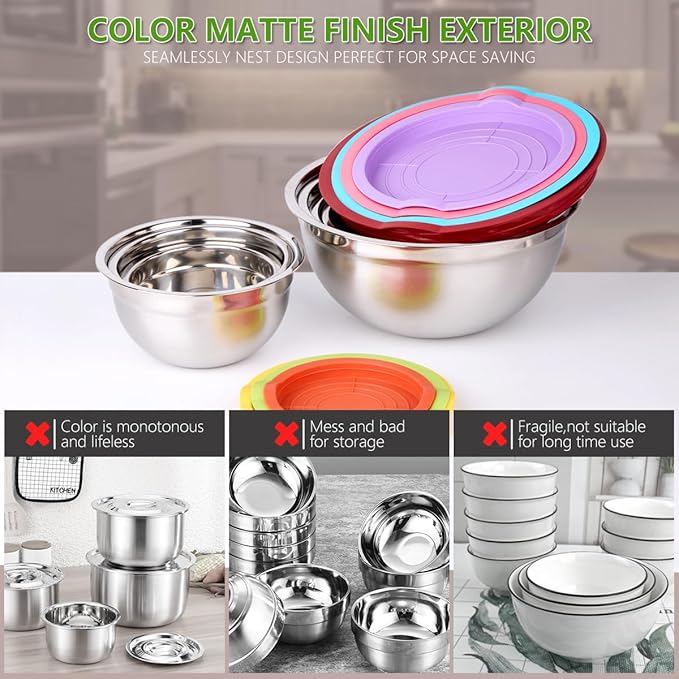Leidawn Mixing Bowls with Lids for Kitchen - 25 PCS Stainless Steel Nesting Colorful Mixing Bowls Set for Baking,Mixing,Serving & Prepping,Size 5, 3.7, 2.8, 2.3, 1.7, 1.1, 0.7QT,11 Cooking Utensils