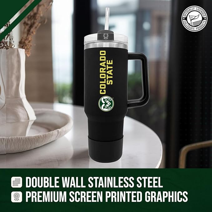 Campus Colors College & University 40 oz Travel Tumbler With Handle - Dual Option Lid With Straw - Vacuum Insulated Stainless Steel (Colorado State Rams - Black)
