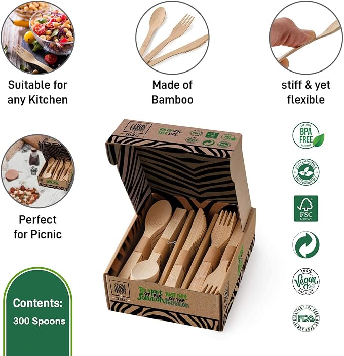 2ZEBRAZ 100% Bamboo Utensils Set of 300 Spoons Biodegradable Silverware for Parties, Events, BBQ, & Camping – Reusable or Disposable, Smooth, Durable, Odorless, heavy-duty Cutlery