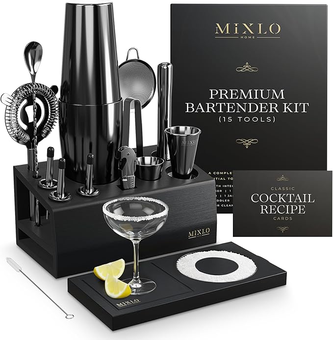 Mixology Bartender Kit - 15Pcs Bar Set Cocktail Shaker Set w Black Bar Cart Accessories Stand - Shakers Bartending Gun Metal Black Tools, 24oz Shaker, 17 Recipe Cards, Martini Barware