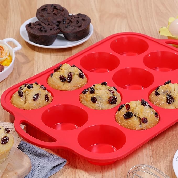 CAKETIME Silicone Muffin Pan, Metal Reinforced Frame Silicone Cupcake Pan Regular Size 12 Cups Nonstick Muffin Tins for Baking Easy to Move 2 Pack Red