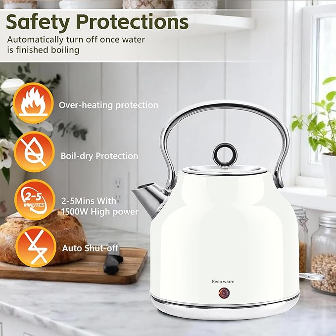 Electric Kettle – 1.7L Stainless Steel Kettle with Keep Warm Function, 1500W Fast Boil Kettle with LED Indicator, Auto Shut-off & Boil-Dry Protection Cordless Design, Rotational Base (White)
