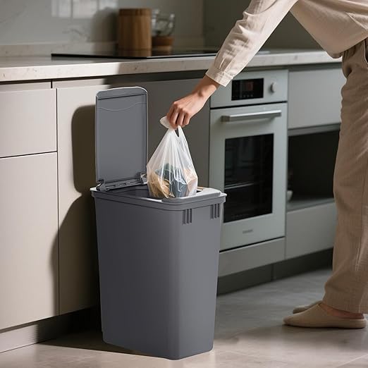 2-Pack 35 Quart Trash Can with Lid, 9.25 Gallon Recycle Waste Garbage Container for Kitchen Cabinet Pullouts, Plastic Bins for Home and Office, Gray