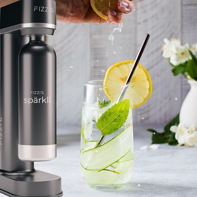 FIZZIT Spärklï Sparkling Water Maker Bundle – Soda Streaming Machine with 2 CO2 Cylinders & 2 Reusable Stainless Steel Bottles (Black + White) – Carbonated Water Soda Maker, Dishwasher Safe