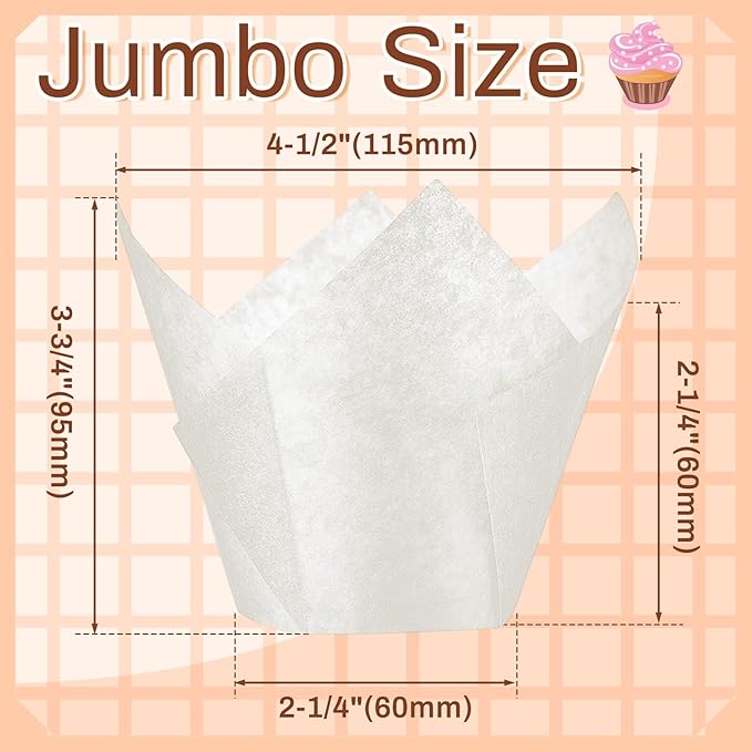 Motiskyy 600 Pcs Jumbo Muffin Liners for Baking 2-1/4" x 4" Large Tulip Cupcake Liners Greaseproof Cupcake Wrapper Paper for Weddings Birthday Christmas Anniversaries Party (Light Brown,White,Brown)