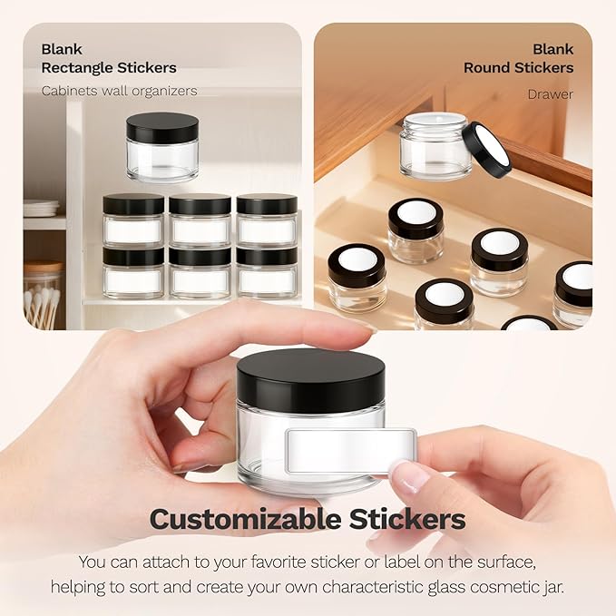 1 oz Small Glass Jars, Bumobum 48 pack Empty Round Clear Jars with Black Lids, White Labels & Inner Liners, Mini Cosmetic Containers for Cream, Lotion