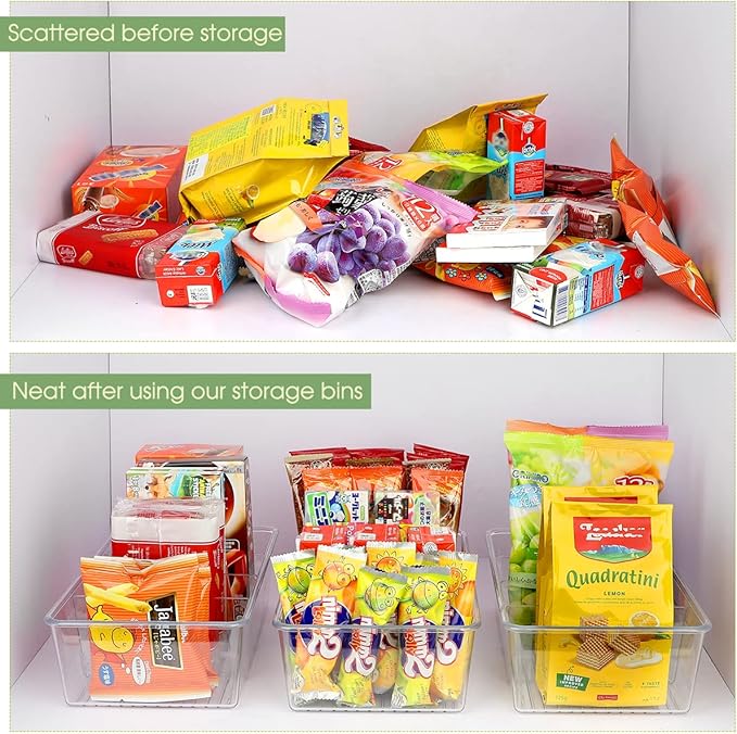 Snack Organizer for Pantry Shelf, 8 Pack Clear Plastic Pantry Storage Bins with 3 Dividers for Snacks, Spices, Chips Food Organizer, Stackable Pantry Organizers for Kitchen, Fridge, Cabinet