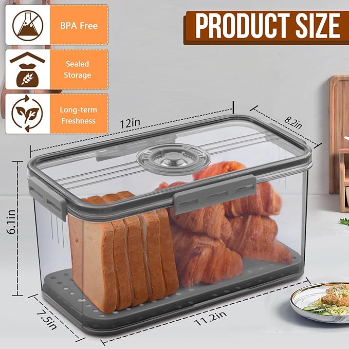 Gifhomfix Bread Box Bread Boxes for Kitchen Counter Airtight, Time Recording Bread Storage Container with Lid, Bread Keeper for Homemade Bread, Toast, Bagel, Donut and Cookies, LARGE Dark Grey