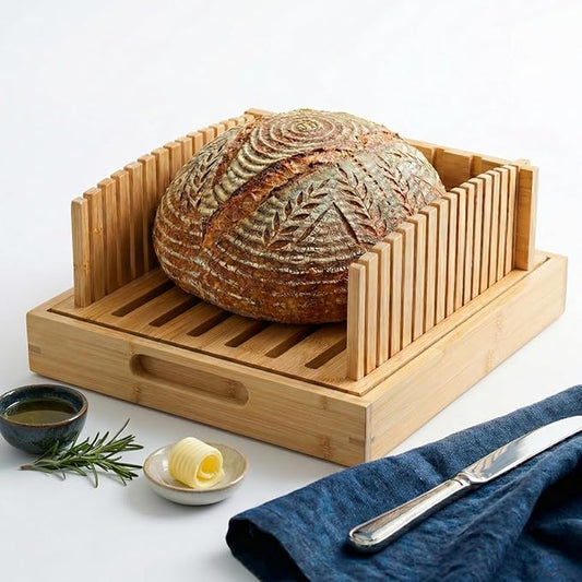 10.5" Extra Sourdough Bread Slicer Guide - Premium Bamboo Bread Cutter with Crumb Tray & Serving Board - Artisan Bread Slicing Guide for Homemade Boules, Sourdough Tools & Gifts
