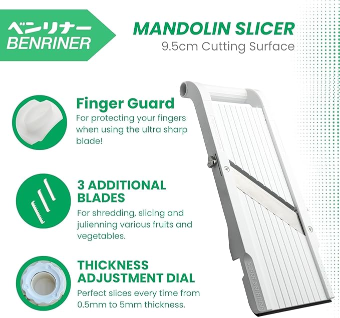 Benriner Mandoline Super Slicer, with 4 Japanese Stainless Steel Blades, BPA Free, 14.5 x 5.25-Inches, Official US Version with Authentic Retail Packaging