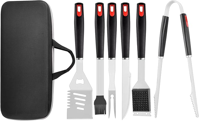 Grilling Accessories Set Spatula Fork Cleaning Brush Food Tongs Carving Knife Basting Brush Durable Stainless Steel BBQ Grill Tools with Extra Thick Storage Case BBQ Accessories Grill Set