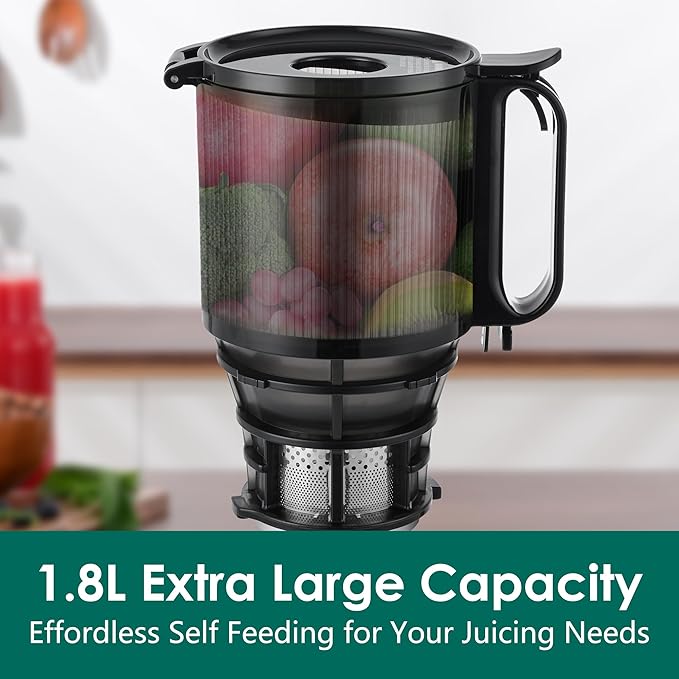 Cold Press Juicer Machines,Fretta Juicer Machines with PCTG Material from the USA,5.3" Extra Large Feed Chute Fit Whole Fruits & Vegetables,Truly BPA-Free,Easy to Clean,250W (Red, 1.8L)