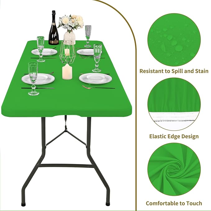 10 Pack Fitted Tablecloth for 8 Foot Rectangle Tables, Green Elastic Outdoor Picnic Table Cover, Washable Stretch Folding Table Cloths 8 ft for Camping Party Patio Kitchen Banquet, 30" W x 96" L