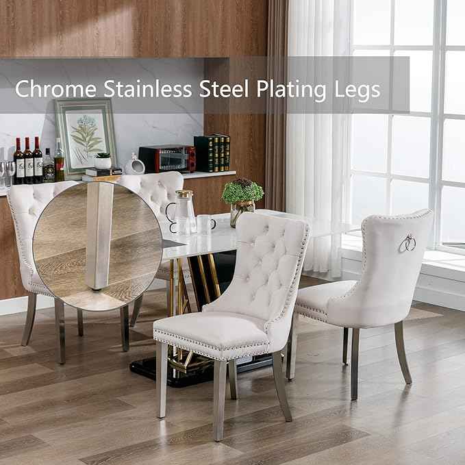 Dining Room Chairs Set of 4, Velvet Upholstered Dining Chairs with Back Ring Pull Trim and Sliver Stainless Steel Legs,Modern Dining Chair Perfect for Dining Room,Living Room,Kitchen(Beige)
