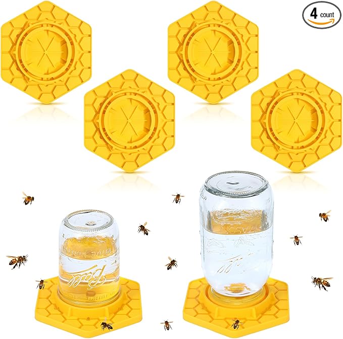 Leinuosen 4 Pcs Bee Feeder for Mason Jar Bee Watering Station for Garden, Sugar Water Feeder Yellow Silicone Hive Drinker for Beekeeping Outside